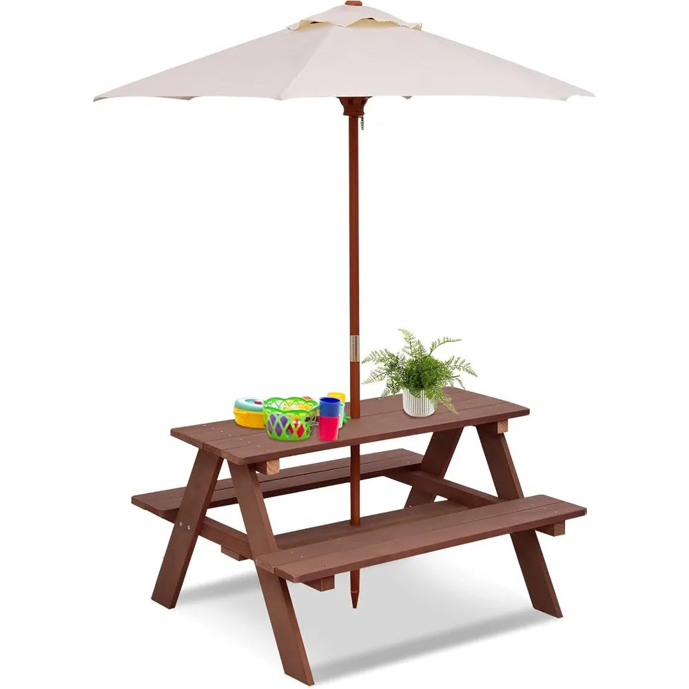 Kids picnic table outdoor wooden bench set w/removable umbrella children backyard furniture for patio garden toddler