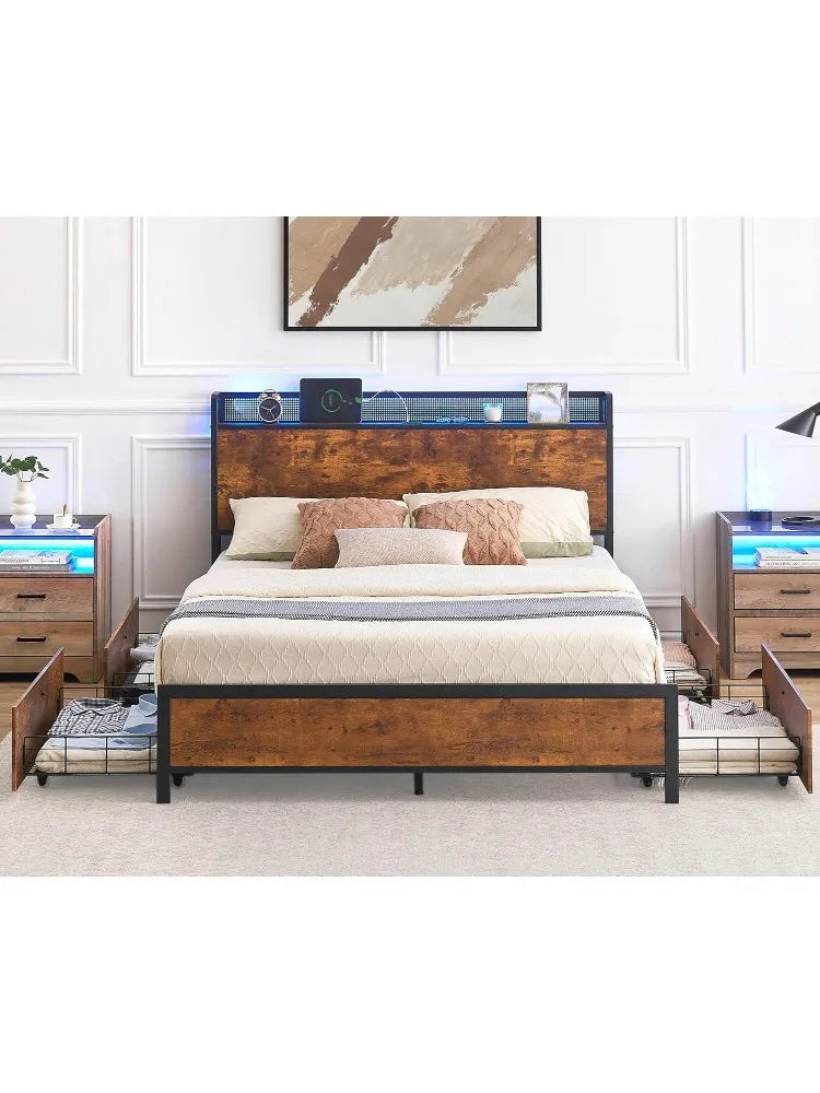 Queen size bed frame with storage headboard and 4 drawers led lights metal platform charging station matt - united