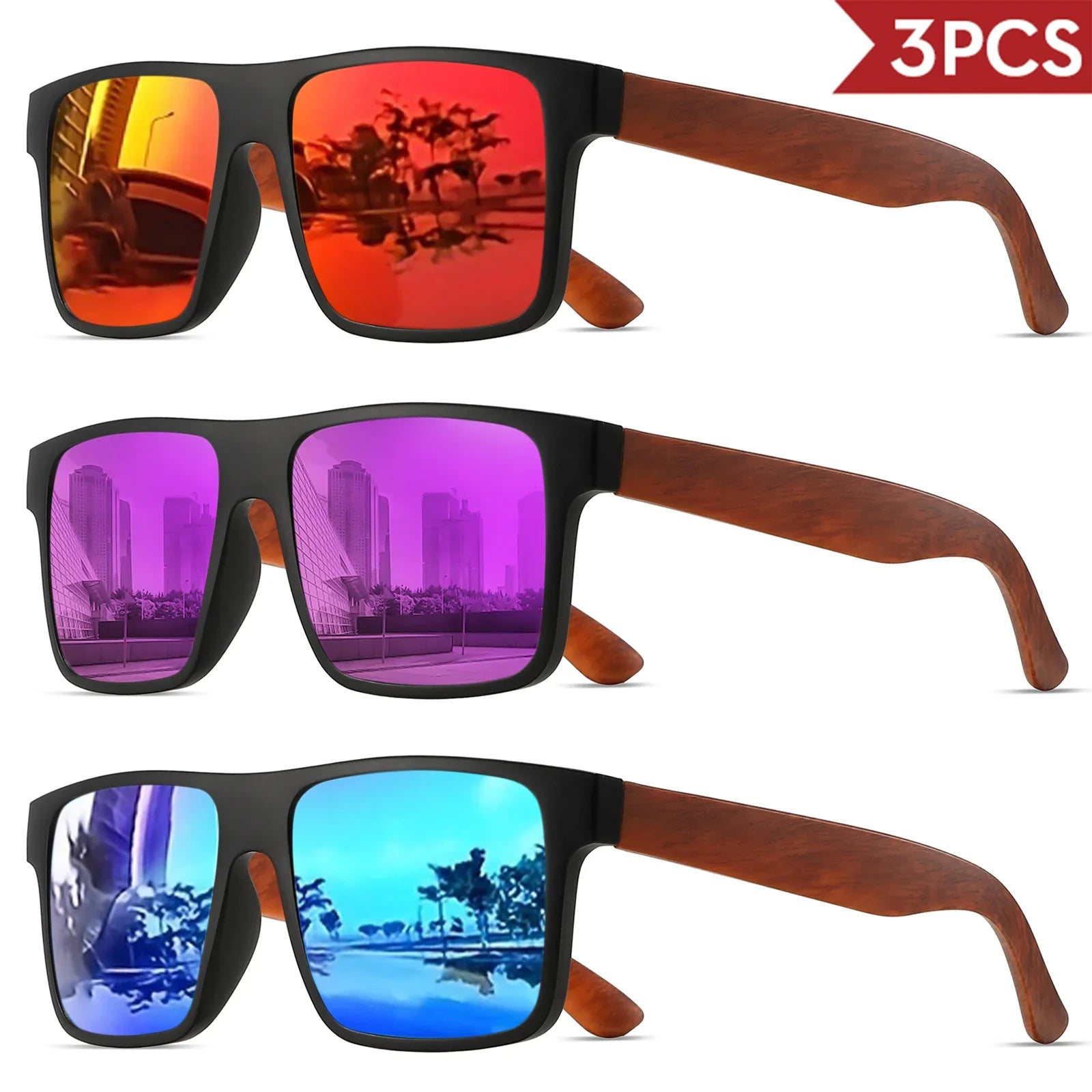 3pcs polarized retro square sunglasses - mahogany wood grain temples & spring hinges uv400 for driving/travel/outdoor