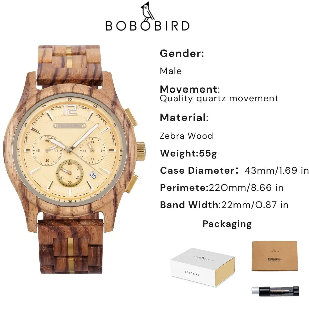 Bobobird men’s wooden watch quartz luxury wristwatch clock eco-friendly natural wood timepiece gift for him support