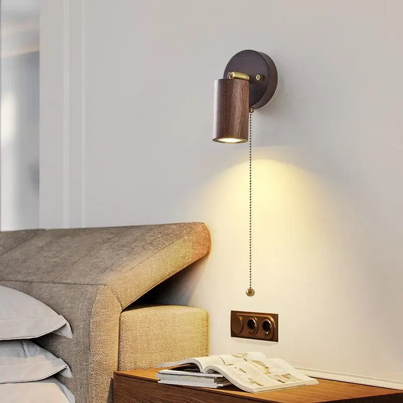 Japanese walnut wood color bedroom bedside wall light zipper switch vintage retro lamp with adjustable spotlight reading