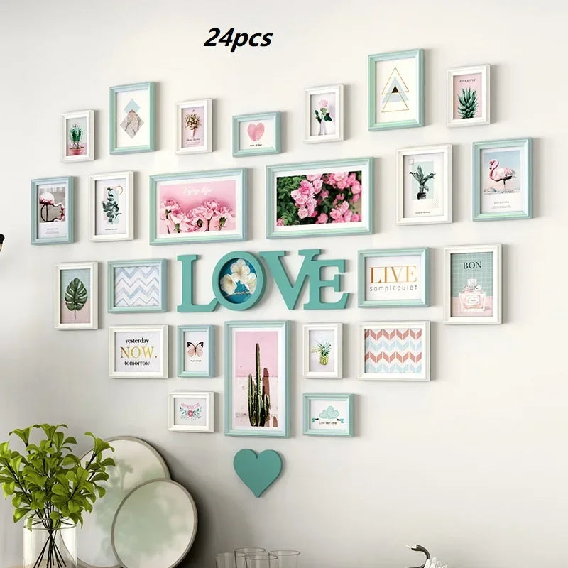 Solid wood heart-shaped photo wall decor frame creative love album background set stylish art unique picture display