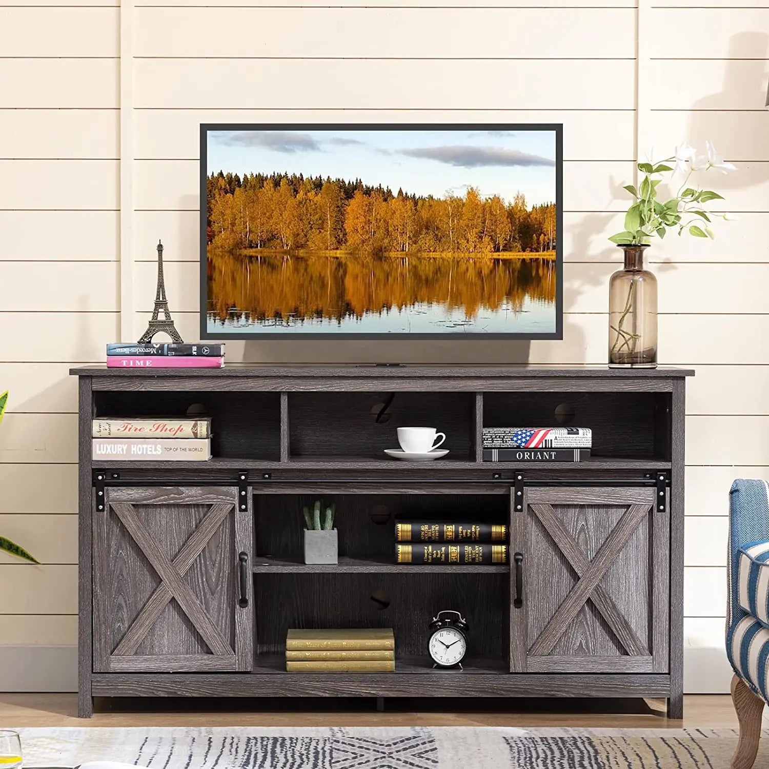 Tv stand farmhouse coffee bar cabinet rustic sliding barn door storage with power outlet & led light 57’’ wooden cabi