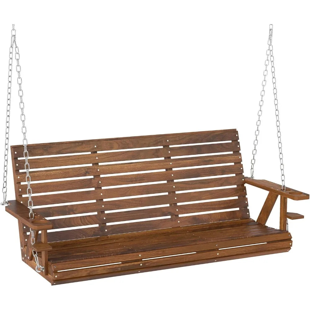 Upgraded wooden porch swing 3-seater 5 ft outdoor patio bench with cupholders hanging chains chair for pat