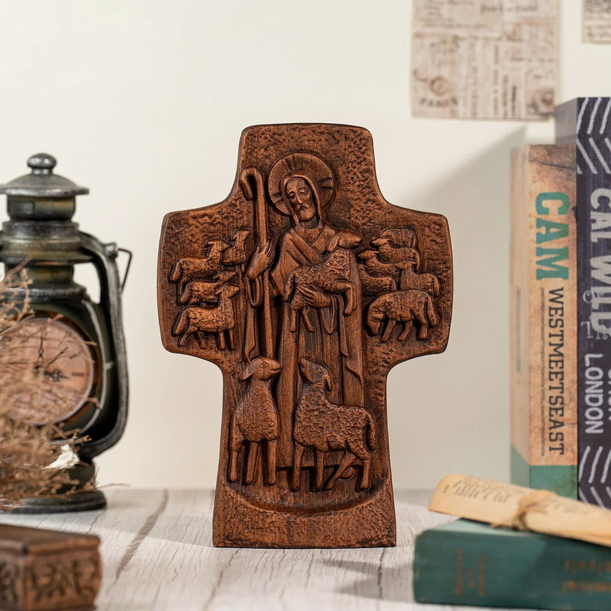 Jesus holy good shepherd cross statue home decor ornaments religious pastor gift - retro / 35cm - (christian)