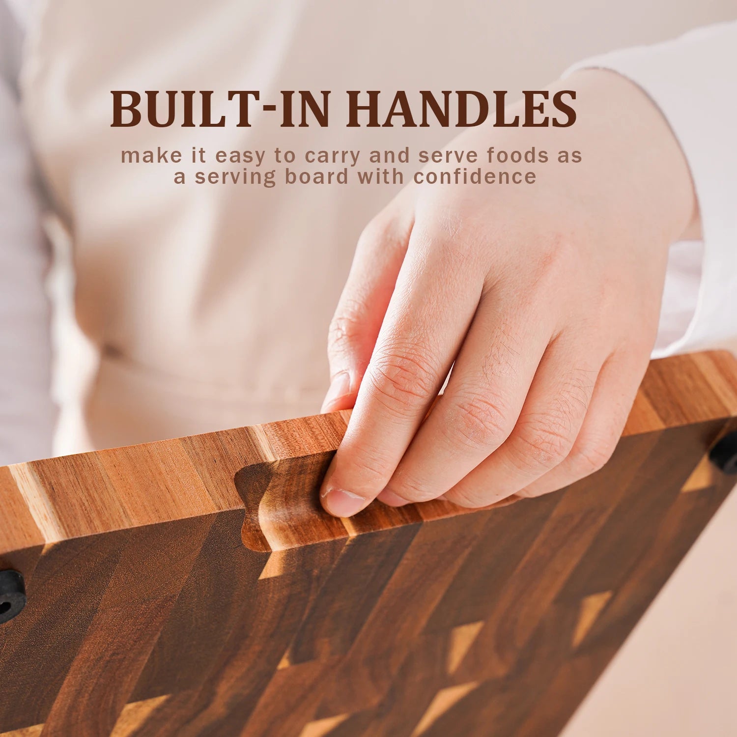 High quality 15 inch rectangular cutting board end grain acacia wood chopping with side handle - 390x275x25mm