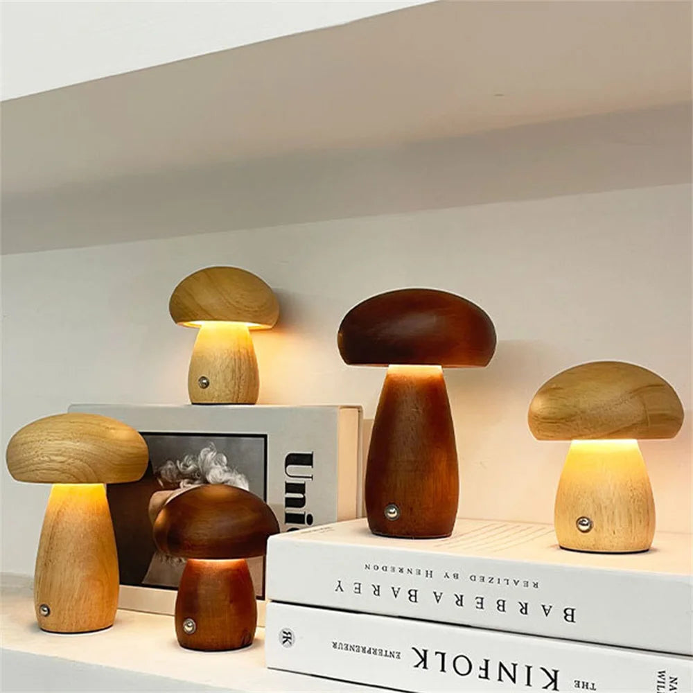 Wooden mushroom lamp portable cordless rechargeable battery operated lamp,stepless dimming night light for birthday