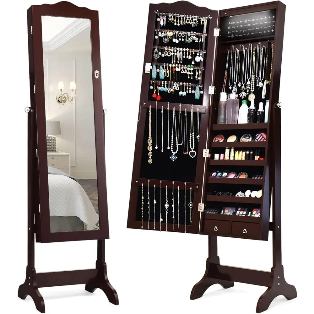 floor-standing-jewelry-armoire-with-mirror-and-led-lighting-14-led-lights-2-drawers-adjustable-shelves