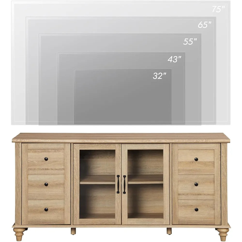 Glass door farmhouse tv stand for tvs up to 75 inch wood universal console table with 4 storage cabinets entertainment