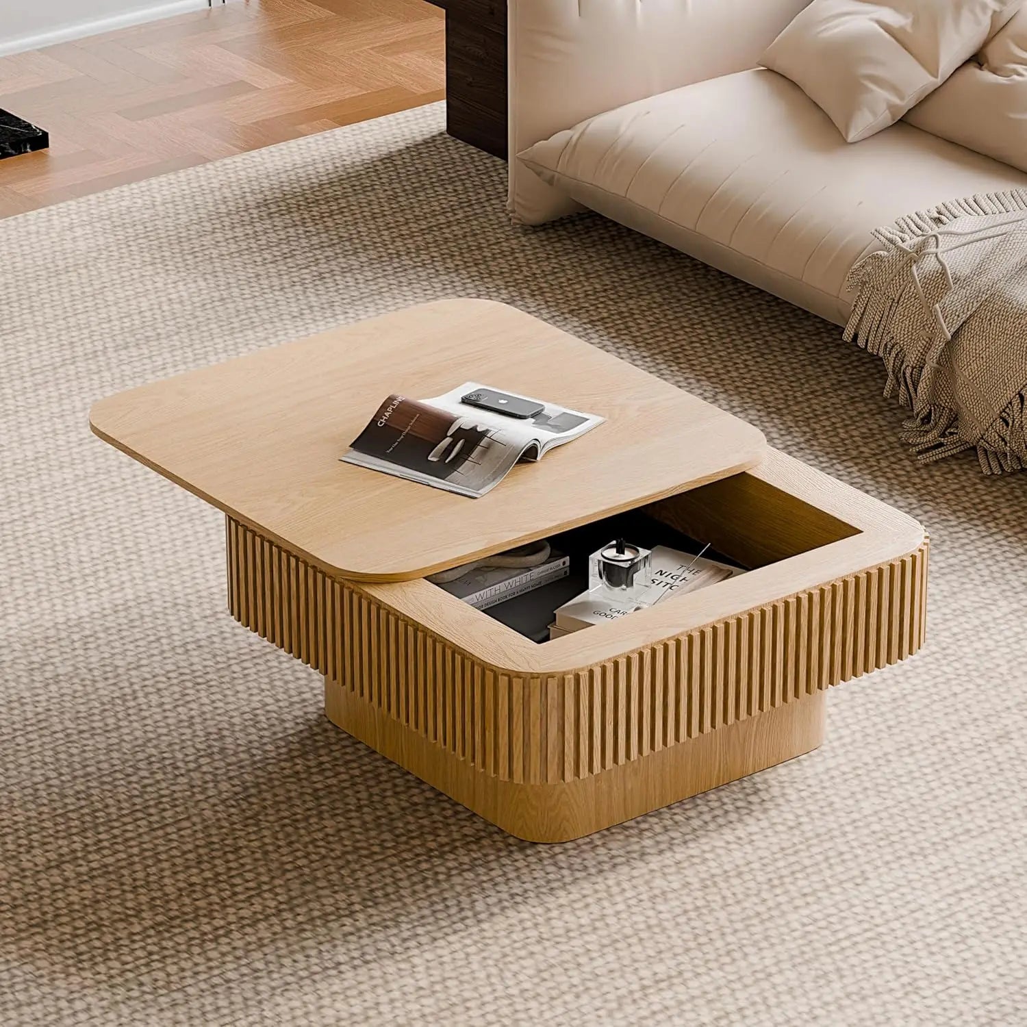 31.5’’ square coffee table with hidden storage,solid wood modern accent tea for living room bedroom,apartment - natural