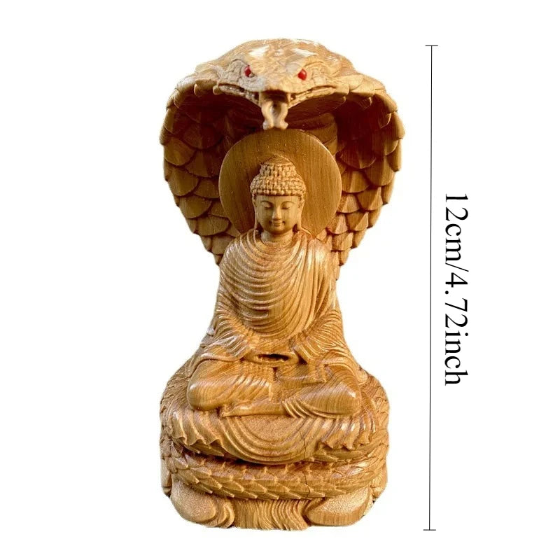 1pc snake buddha statue cliff cypress wood carving protecting figurine living room ornaments home interior decor - h