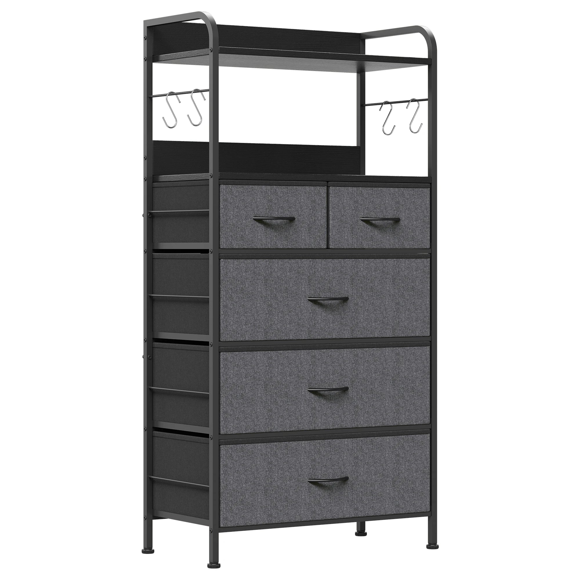 Dresser for bedroom with shelves chest of drawers closet clothes bureau sturdy steel frame wood top fabric - dark gray