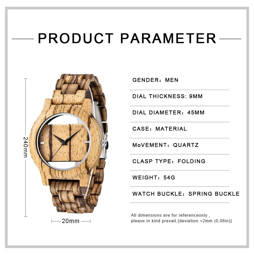Men women natural wood watch unique hollow dial with full wooden bamboo bangle quartz wristwatch novel handmade clock