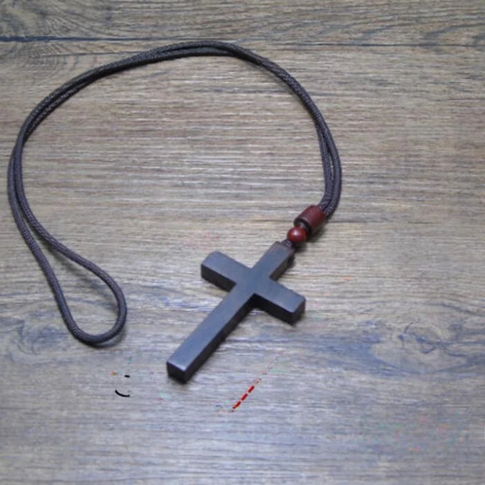 Retro artistic wooden cross nelace korean faion pendant long men’s sweater chain hanging decoration ex version - ebony