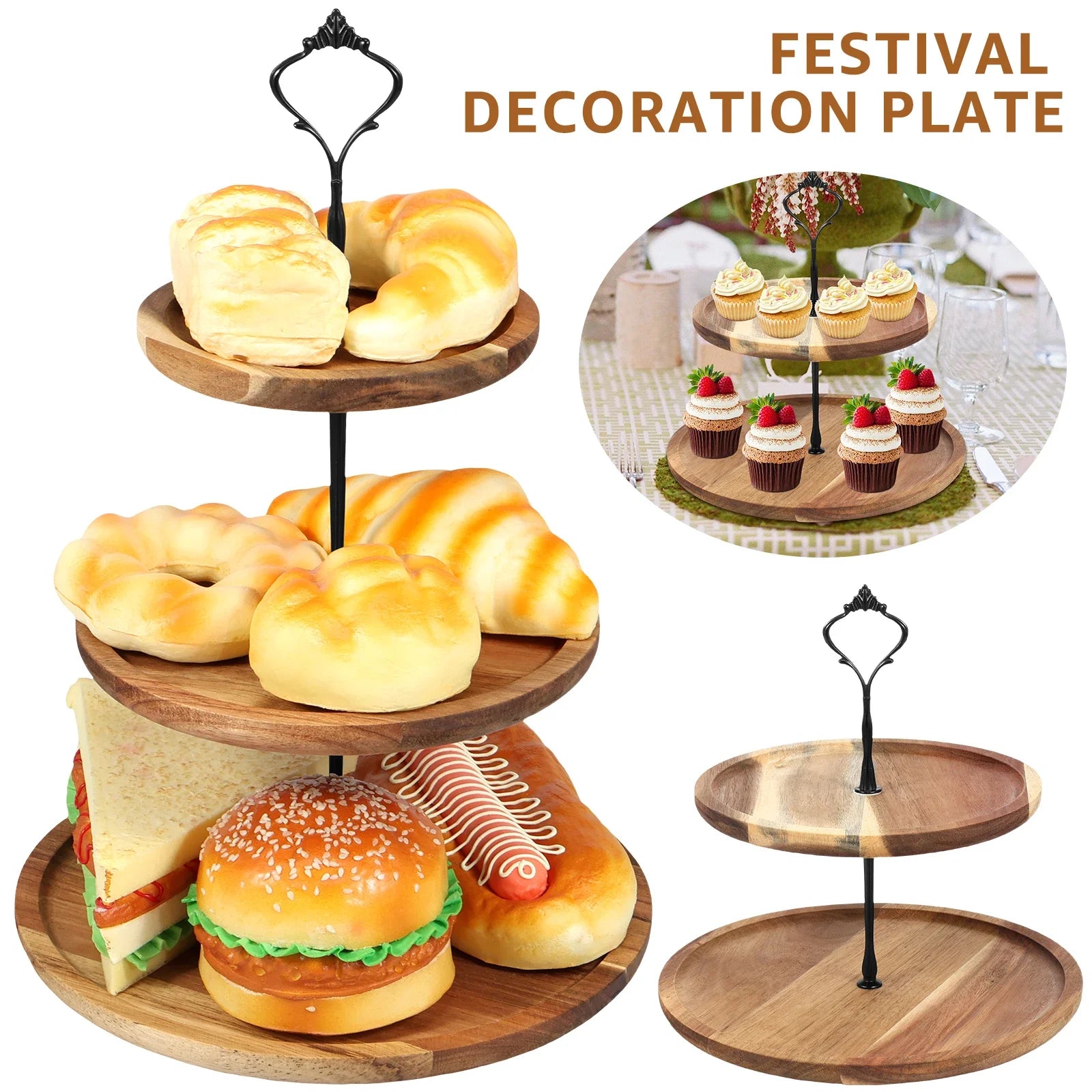 Cupcake stand with serving tray and metal rod rustic wooden tiered decorative display dessert - three layer