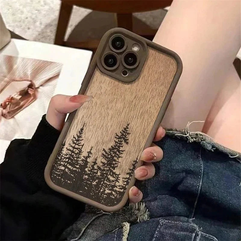 Retro forest brown wood soft phone case for iphone 16 15 14 13 pro max 11 12 mini xr x xs 7 8 plus se2 16e shockproof