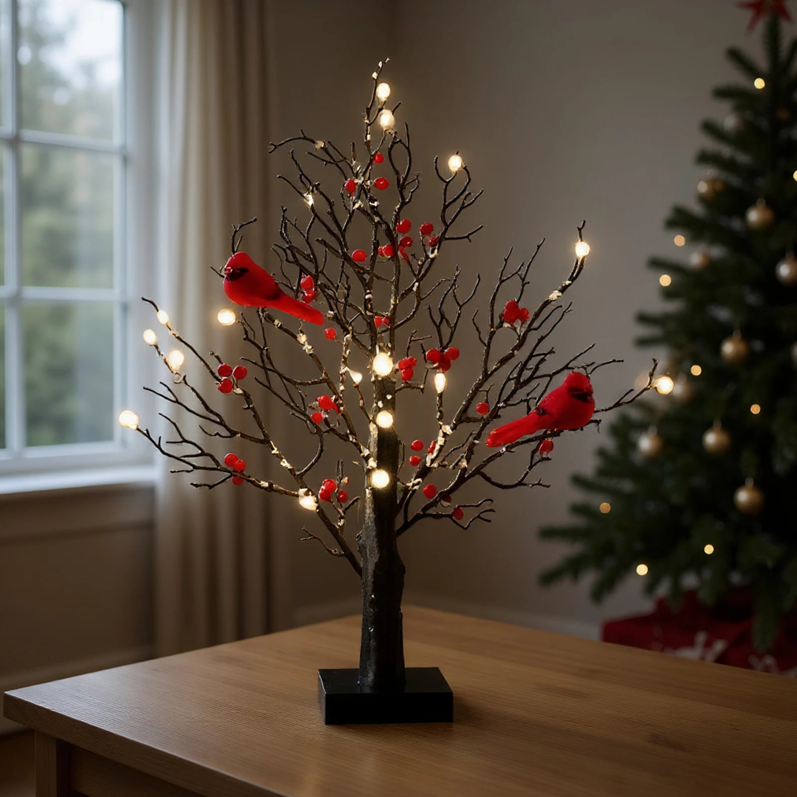 Vintage glowing tree with cardinals lighted mini birch red bird light festival christmas decoration