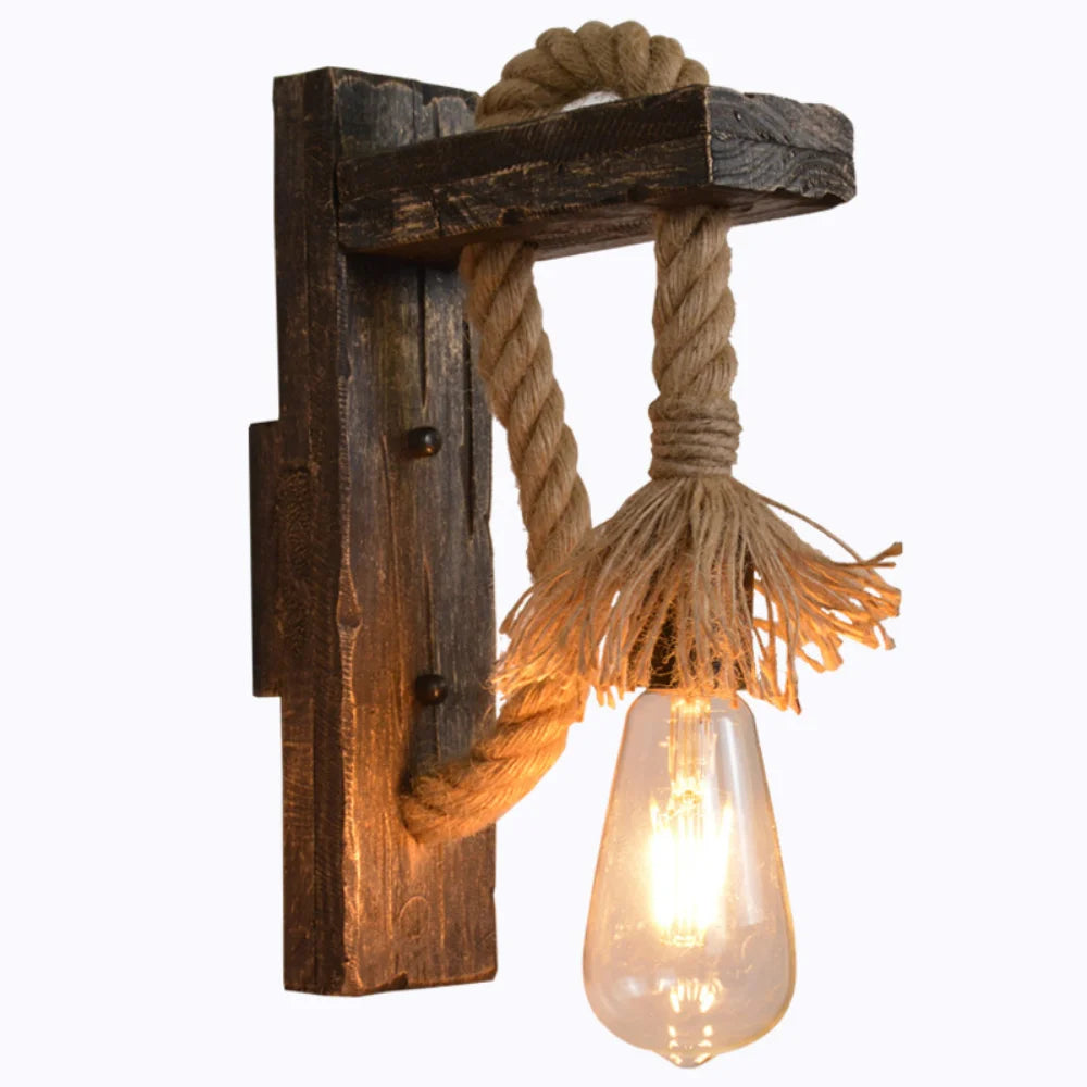 Vintage wood hemp rope wall lamps fixture retro hallway bedside loft light luminaire industrial american decor lighting