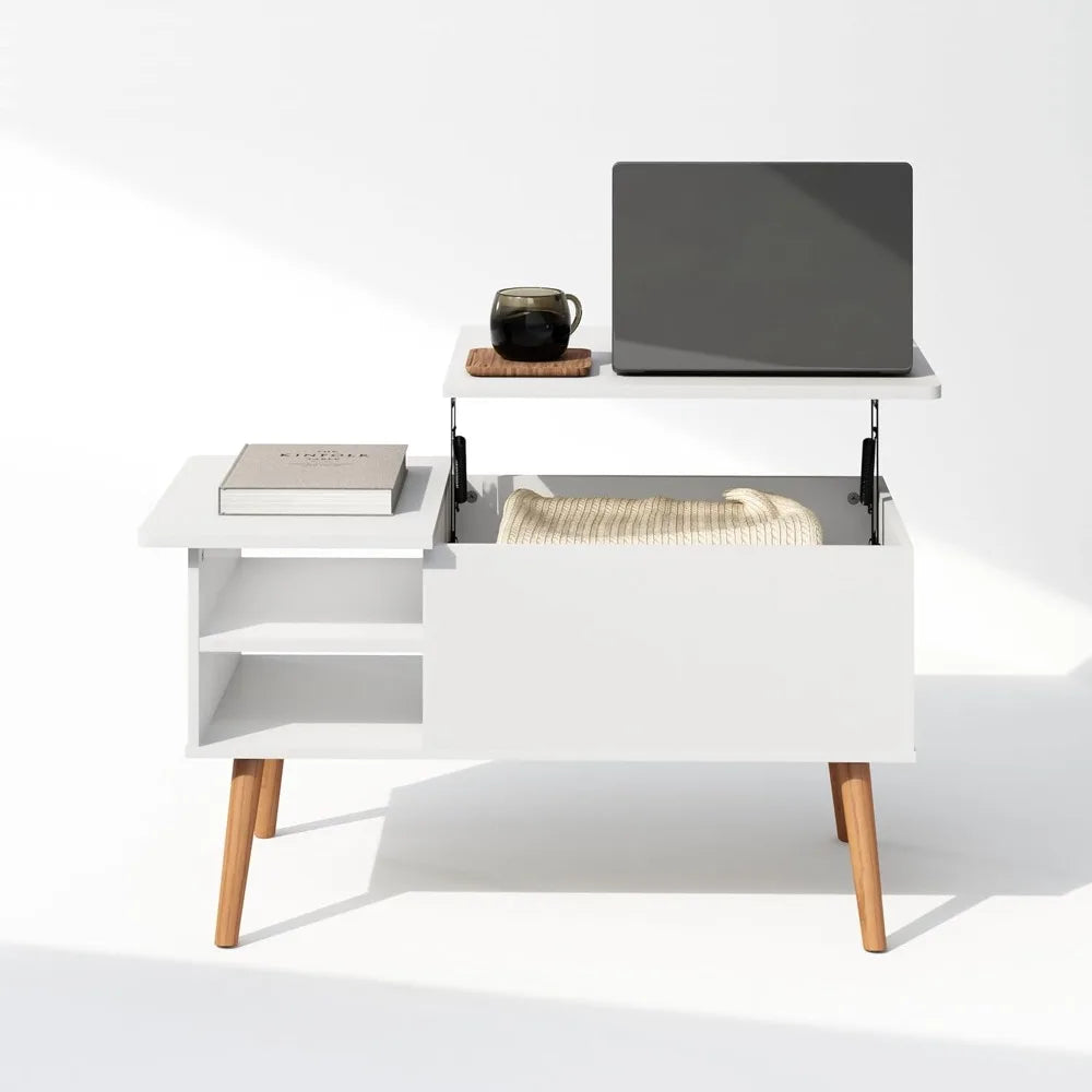 Jensen wooden leg lift top coffee table with hidden compartment and side open storage shelf for living room solid white