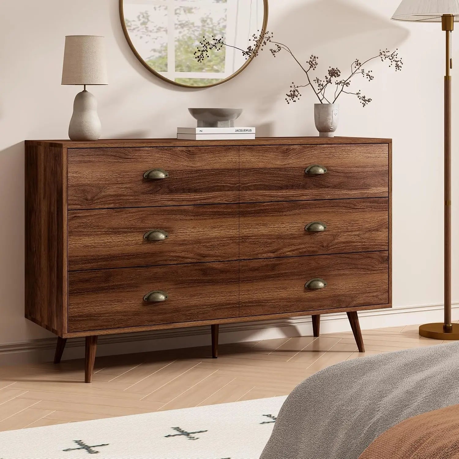 Walnut brown dresser for bedroom 6 drawer with wide drawers and metal knob wood dressers & chest of hallway entryway.