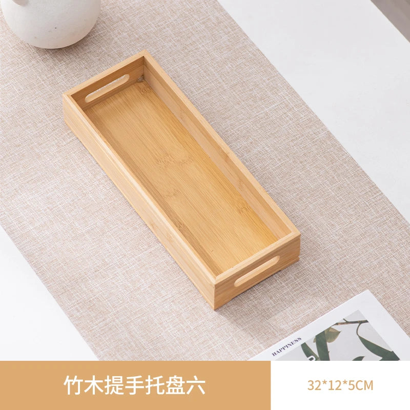 Large size rectangular bamboo wood tea tray display plate walnut color set cup storage handle home use japanese sle