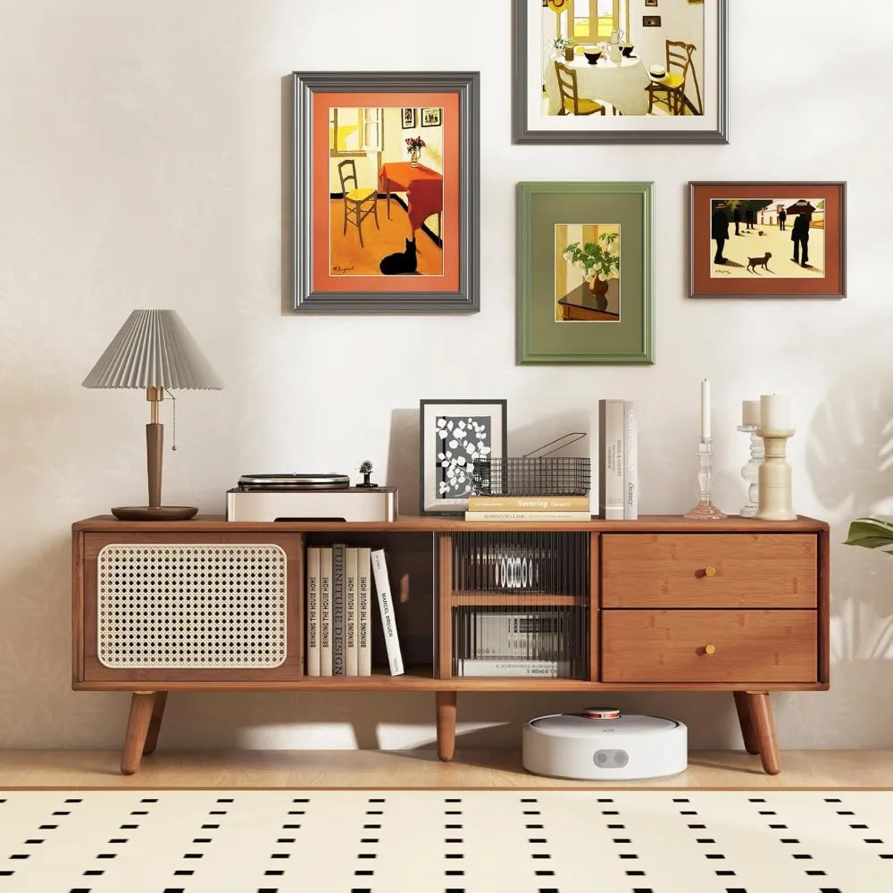 Mid century modern bamboo tv stand with glass and rattan sliding doors for tvs up to 65’’ - natural / united states