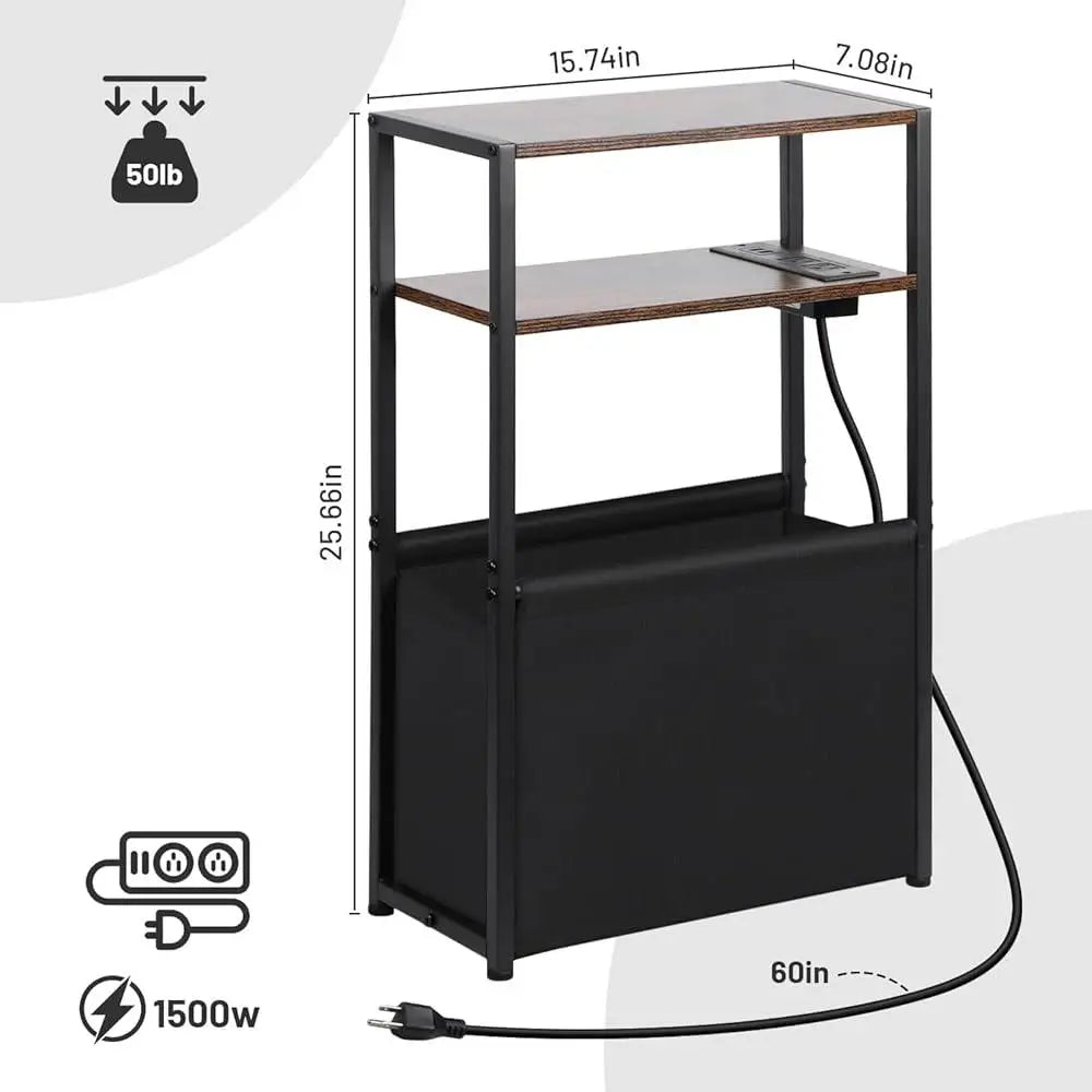 Narrow side table with charging station usb ports storage bag 3-tier slim end living room bedroom space saving - united
