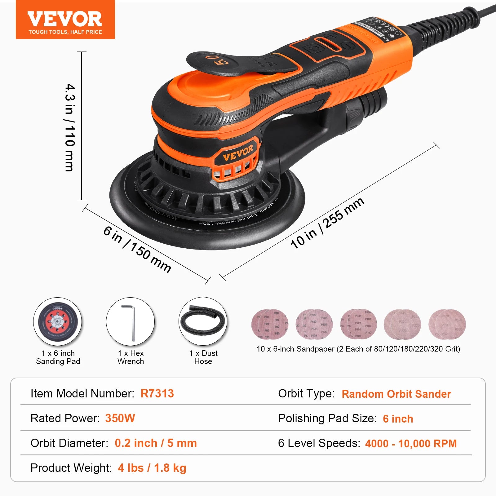 Succebuy random orbital sander 350w brushless 10000 prm 6 variable speed electric for woodworking detail sanding