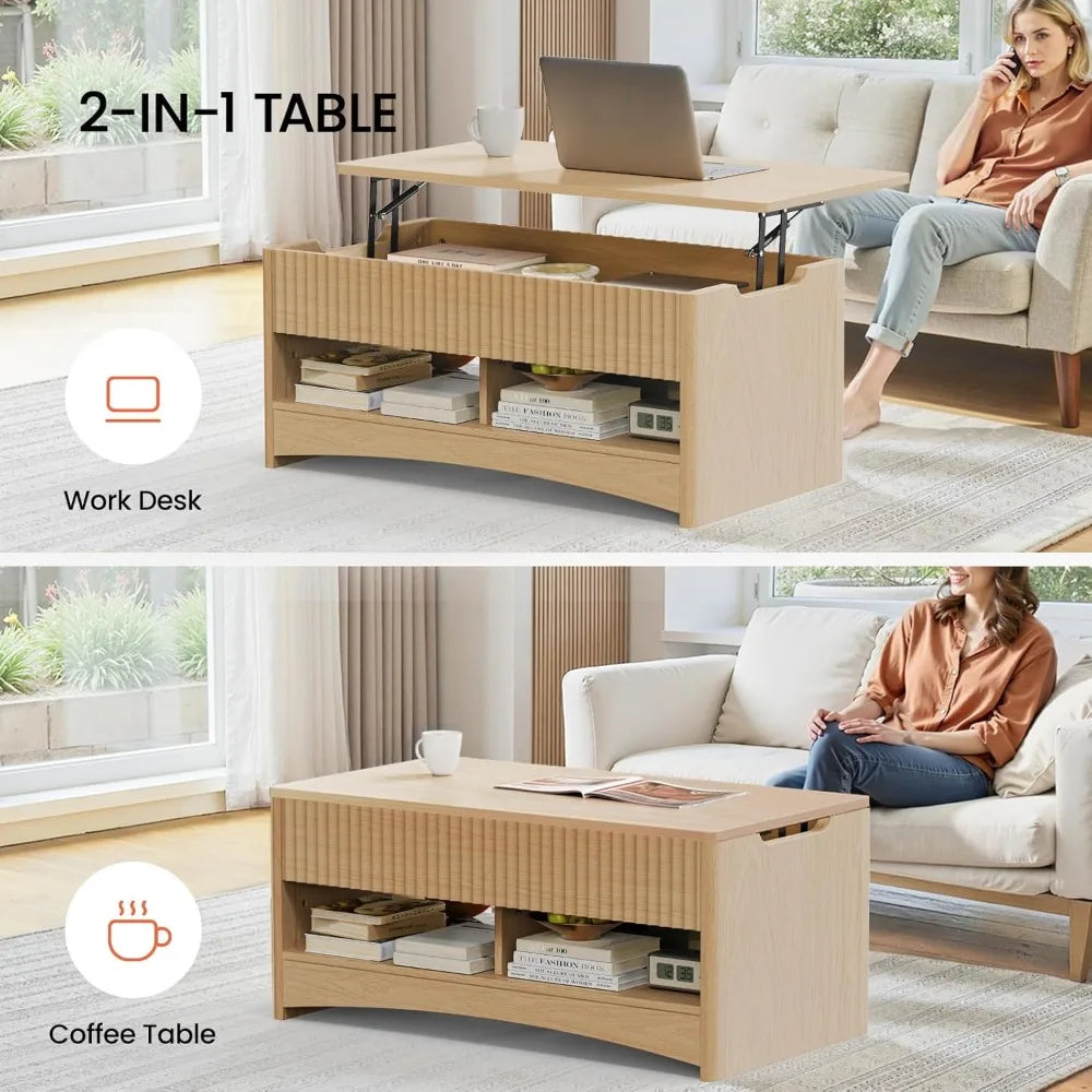 Coffee table fluted lift top 35.2’’ wood with storage shelf & hidden compartment modern rectangle center