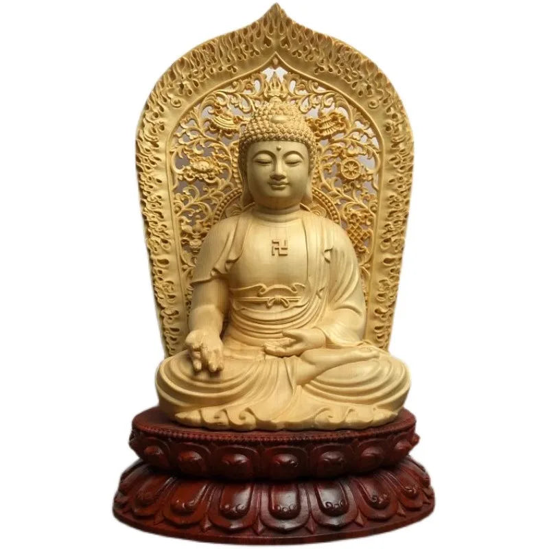Religious wooden buddha statue sakyamuni amitabha vairocana feng shui decor for home temple altars - (buddhist)