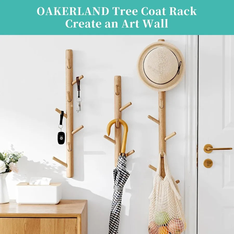 Oak wood coat rack wall mount hooks with 4 for clothes hats towel purse robes entryway bathroom mudroom bedroom 16ih