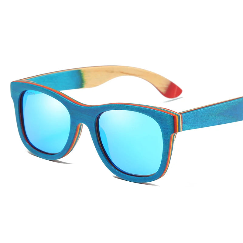 Gm skateboard wooden sunglasses blue frame with coating mirrored bamboo uv 400 protection lenses in w033 - other