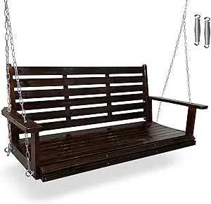 Wooden porch swing ergonomic seat bench with hanging chains and 7mm springs heavy duty 880 lbs for outdoor patio garde