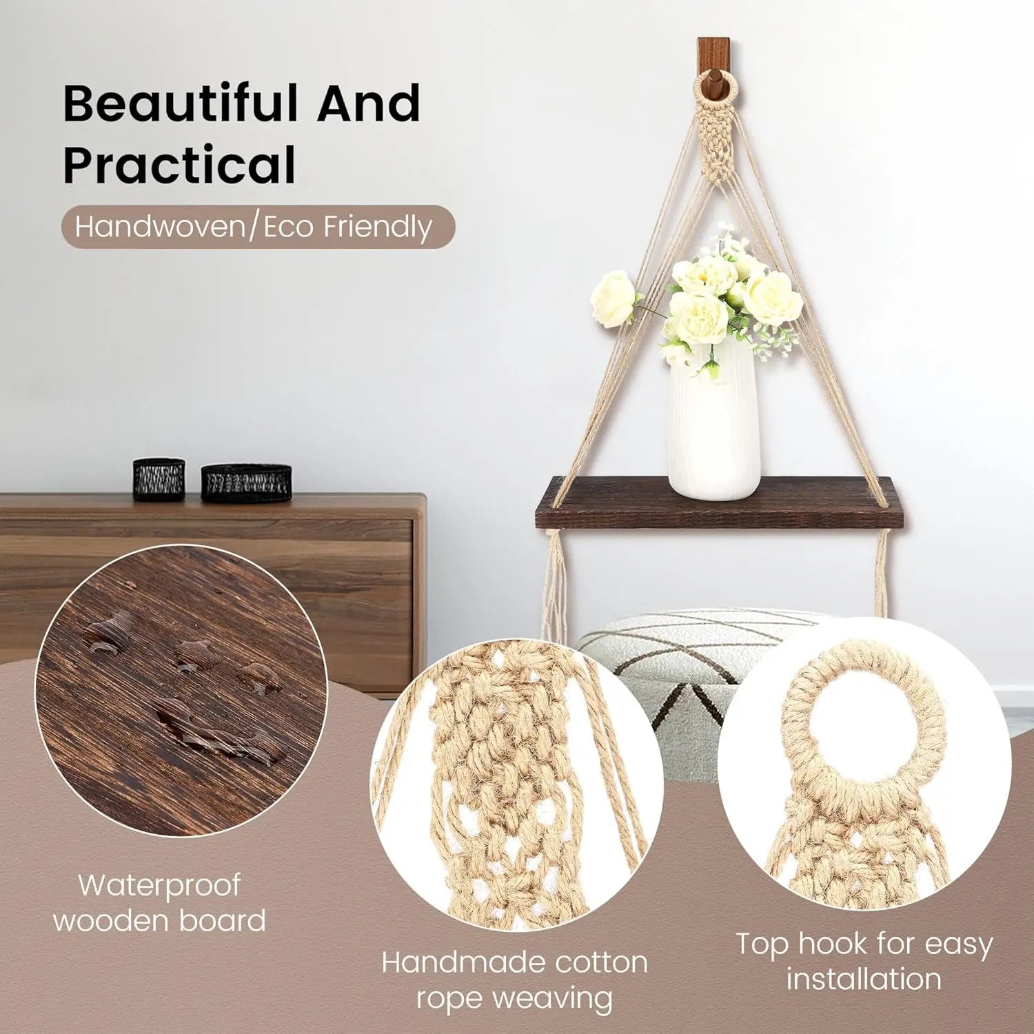 Boho macrame wall decor 2 pack wood hanging shelves storage floating shelf for room handmade plan - united states