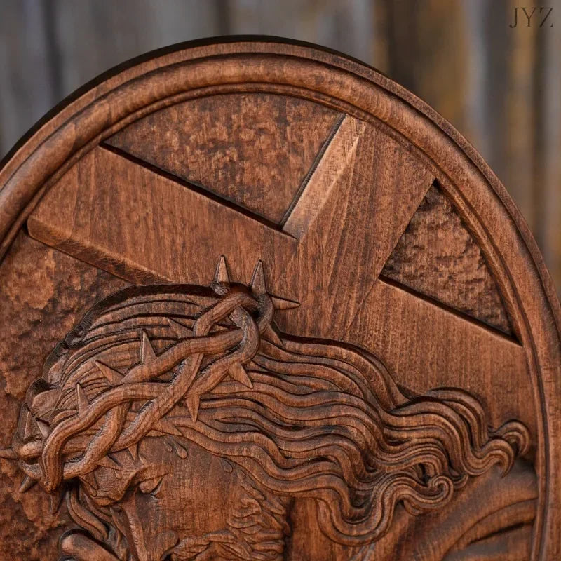 Vintage religious wooden icon jesus catholic figure carrying the cross holy statues home decor - retro / 35x26x2.5cm