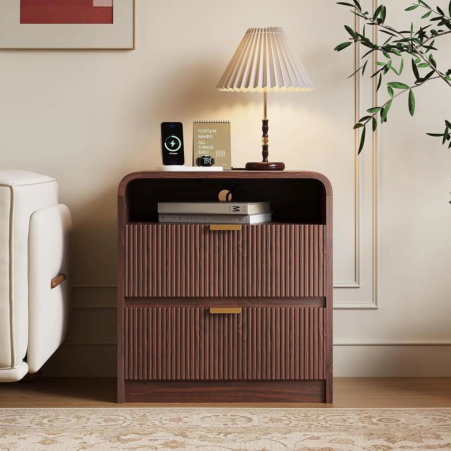 Fluted nightstand with charging station wooden end table 2 drawers storage curved profile design modern bedside cabinet