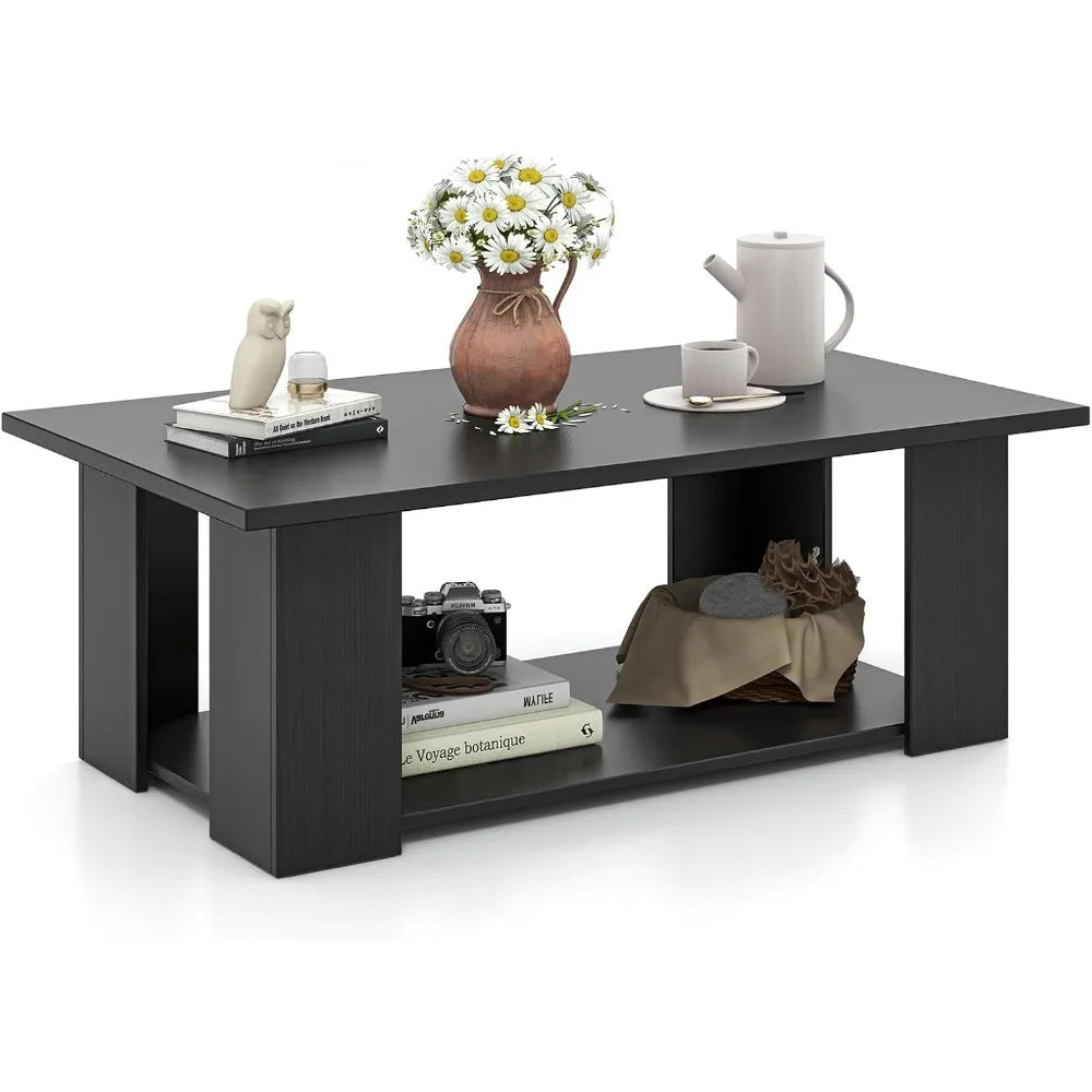 2-tier coffee table modern rectangular center cocktail with 5 support legs wooden accent living room furniture