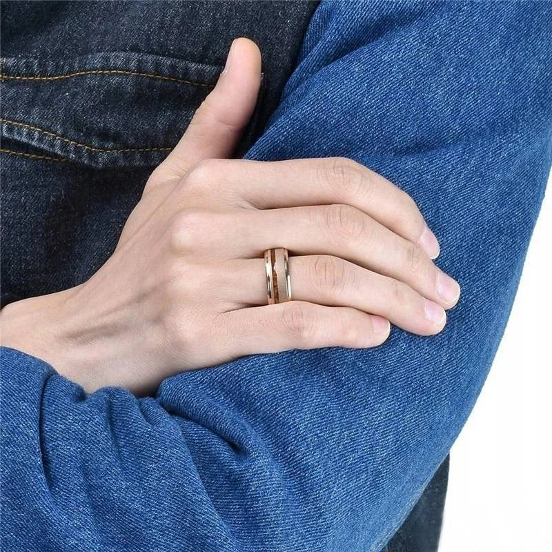 Fashion 8mm men stainless steel ring rose gold color brushed wood inlay rings for women wedding band jewelry birthday