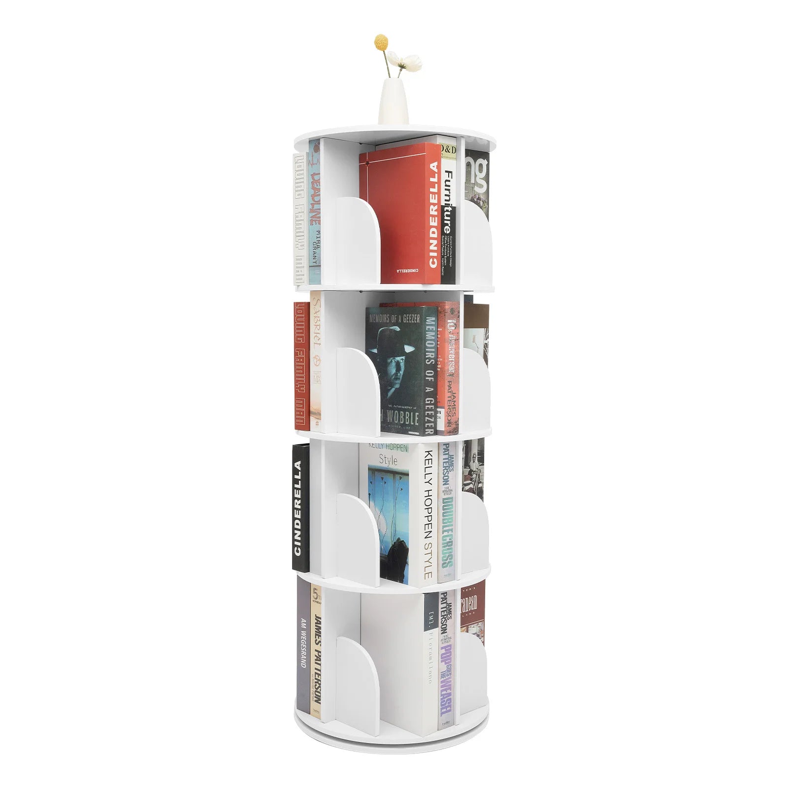 2/4-tier wooden rotatable bookshelf - 360°display floor standing storage rack white multifunctional organizer - 4-tier