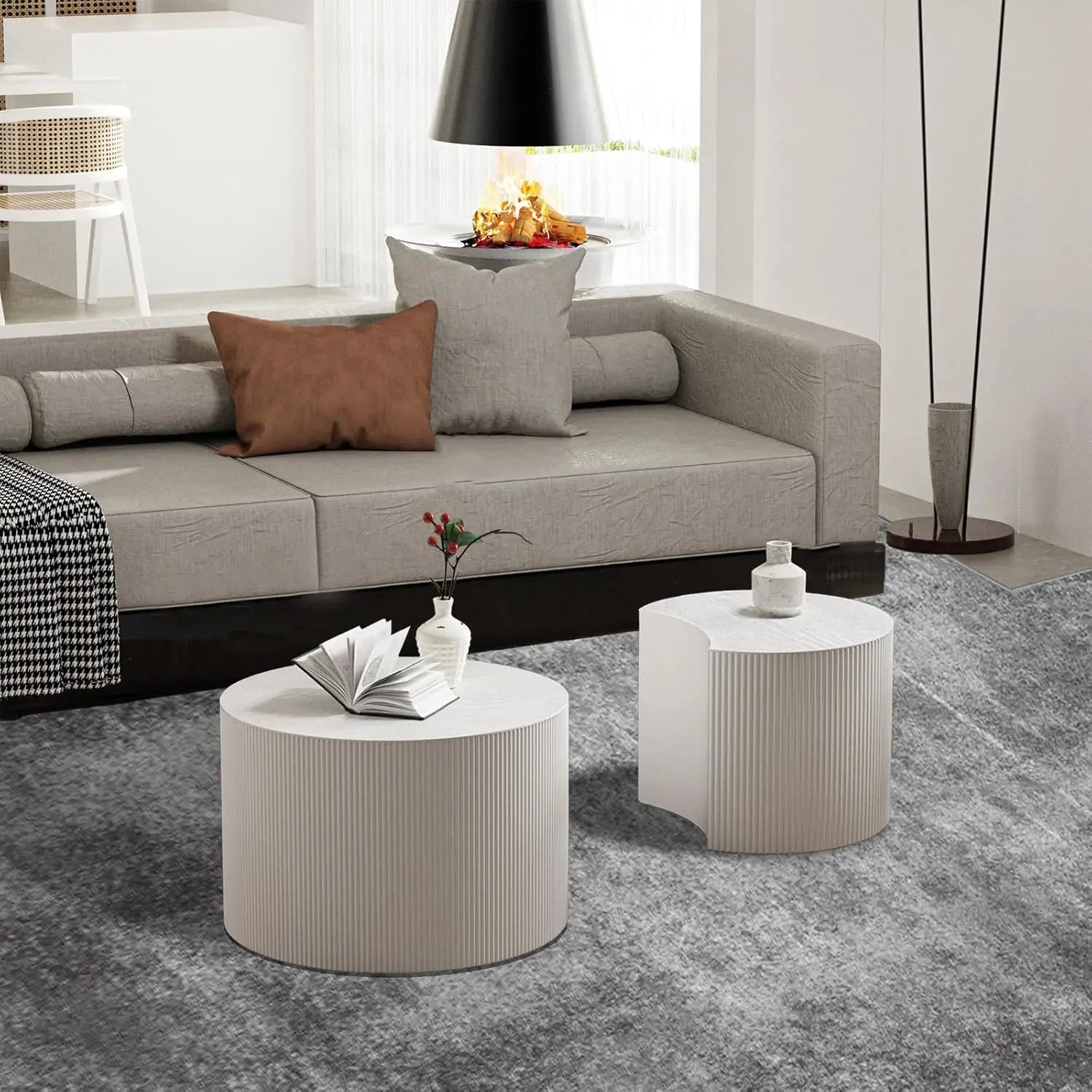 Handcraft round nesting coffee table - chic wave stripe edge modern stylish walnut wooden circle fluted center