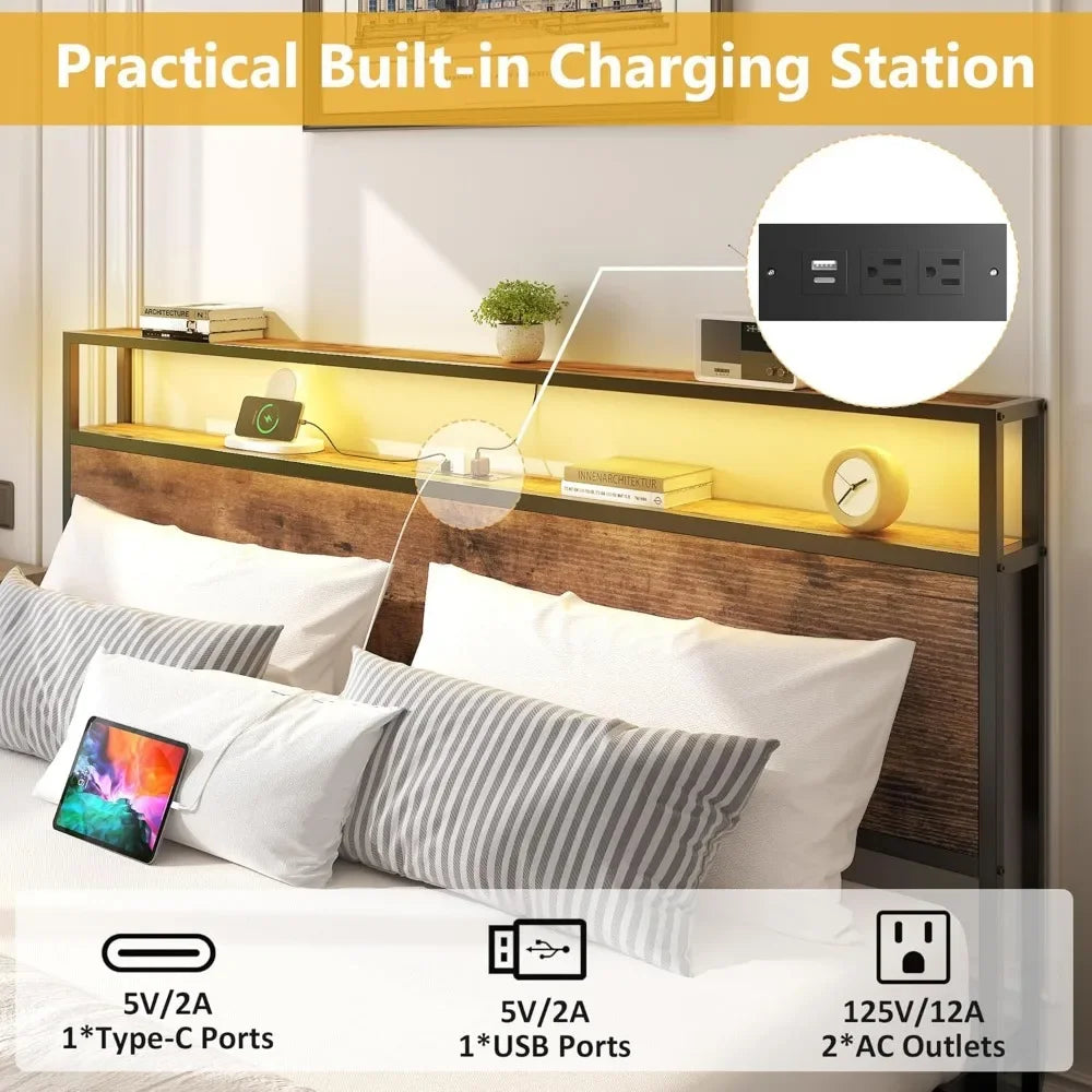 Lifezone full bed frame with 2-tier storage headboard metal platform 4 drawers built in charging statio - united states