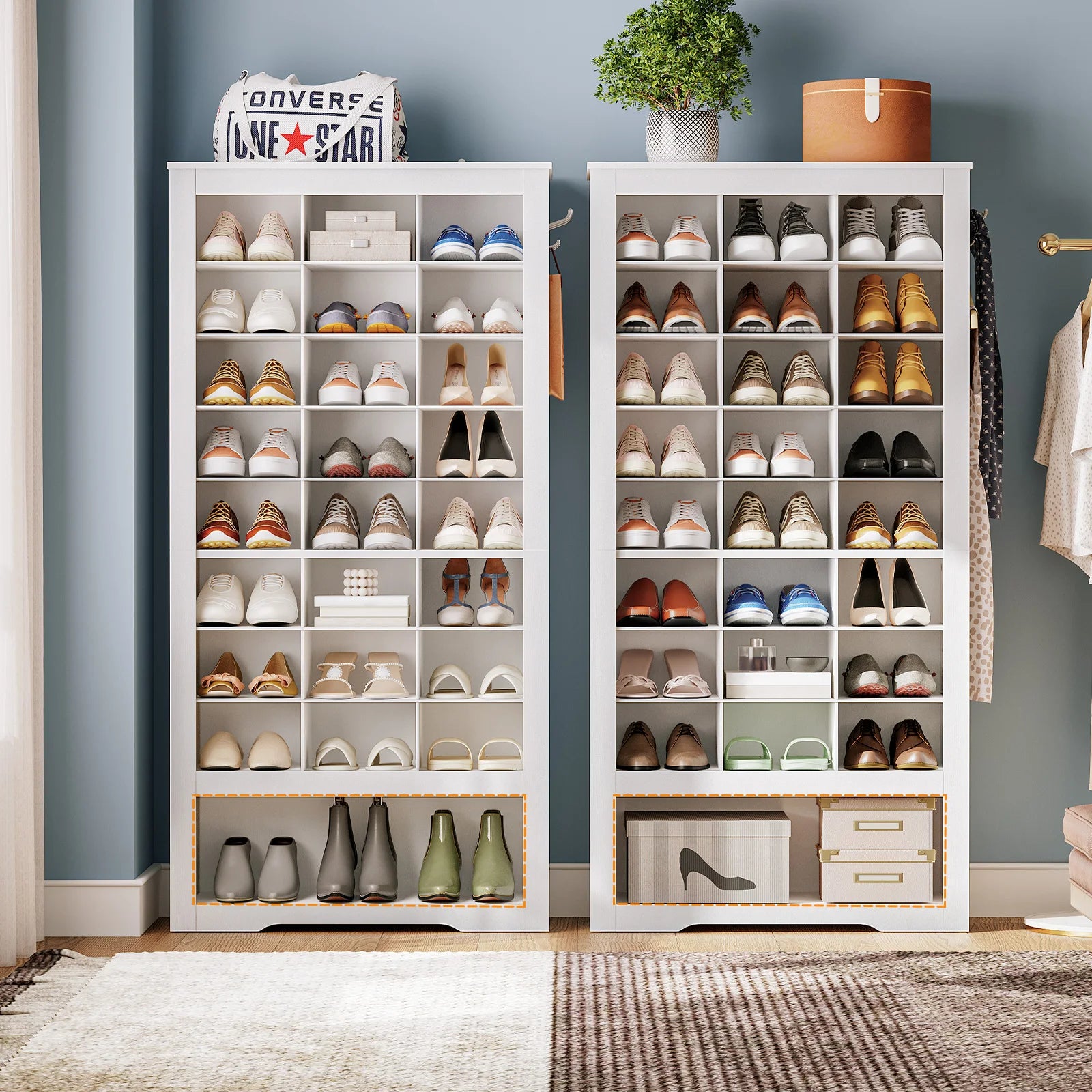 Hoobro tall shoe cabinet 9 tier storage freestanding wooden organizer with 24 cubbies and 3 hooks - white / united