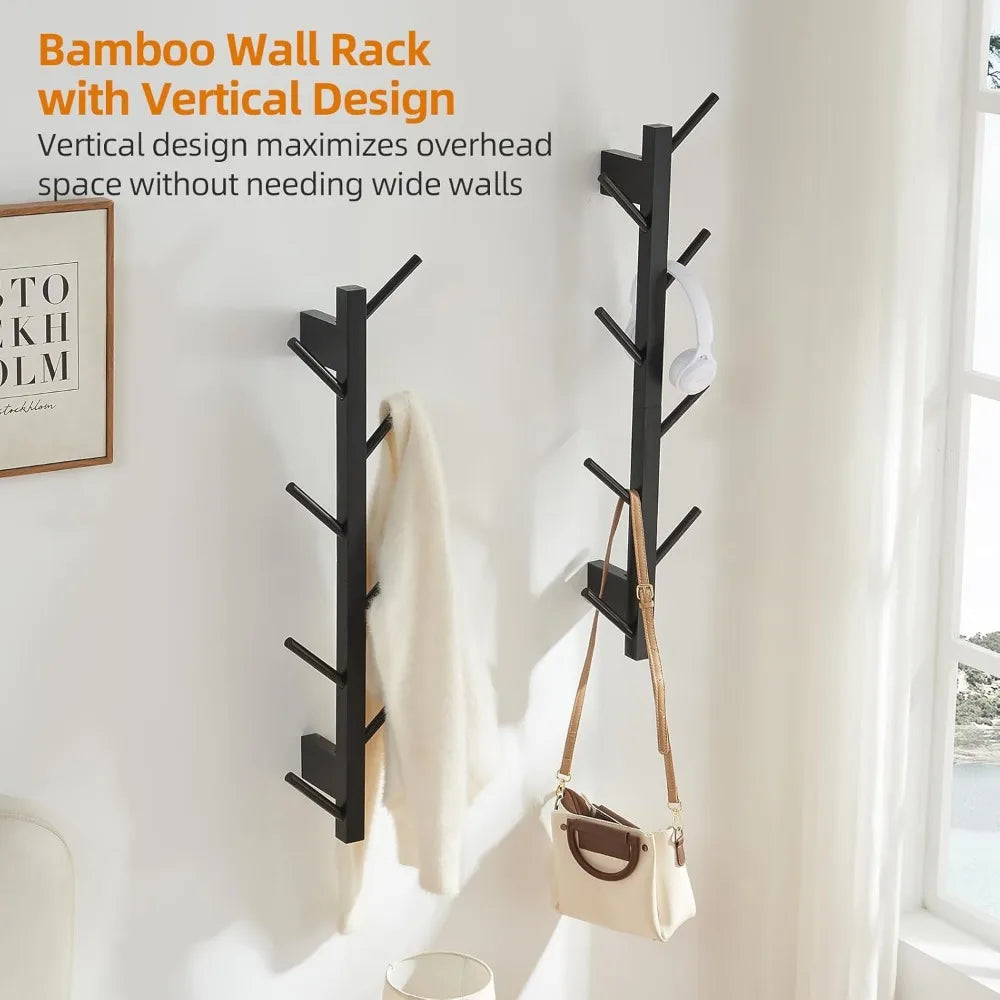 2 pack vertical wall coat rack bamboo hanging hat hooks mounted wooden hanger racks mount tree for coats hats hacket