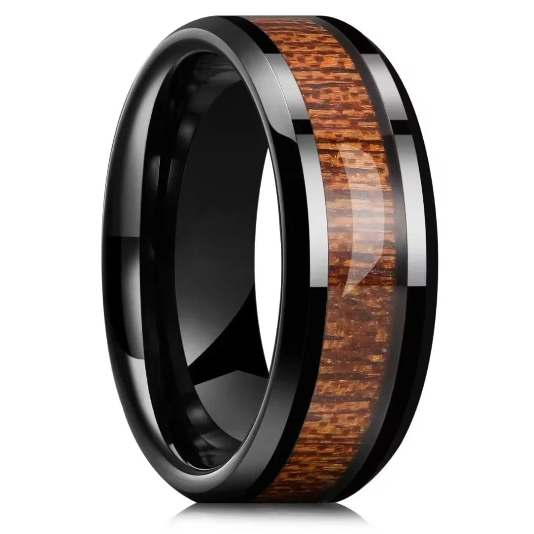 Fashion 8mm men black titanium wedding rings koa wood inlay stainless steel for band anniversary birthday gift - 12