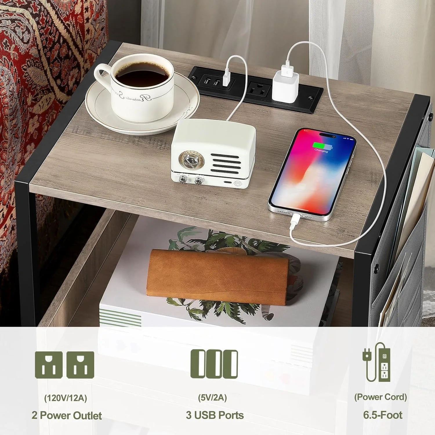 3-tier bedside table w/usb charger & shelf/cabinet - nightstand storage organizer for bedroom/living room/office grey