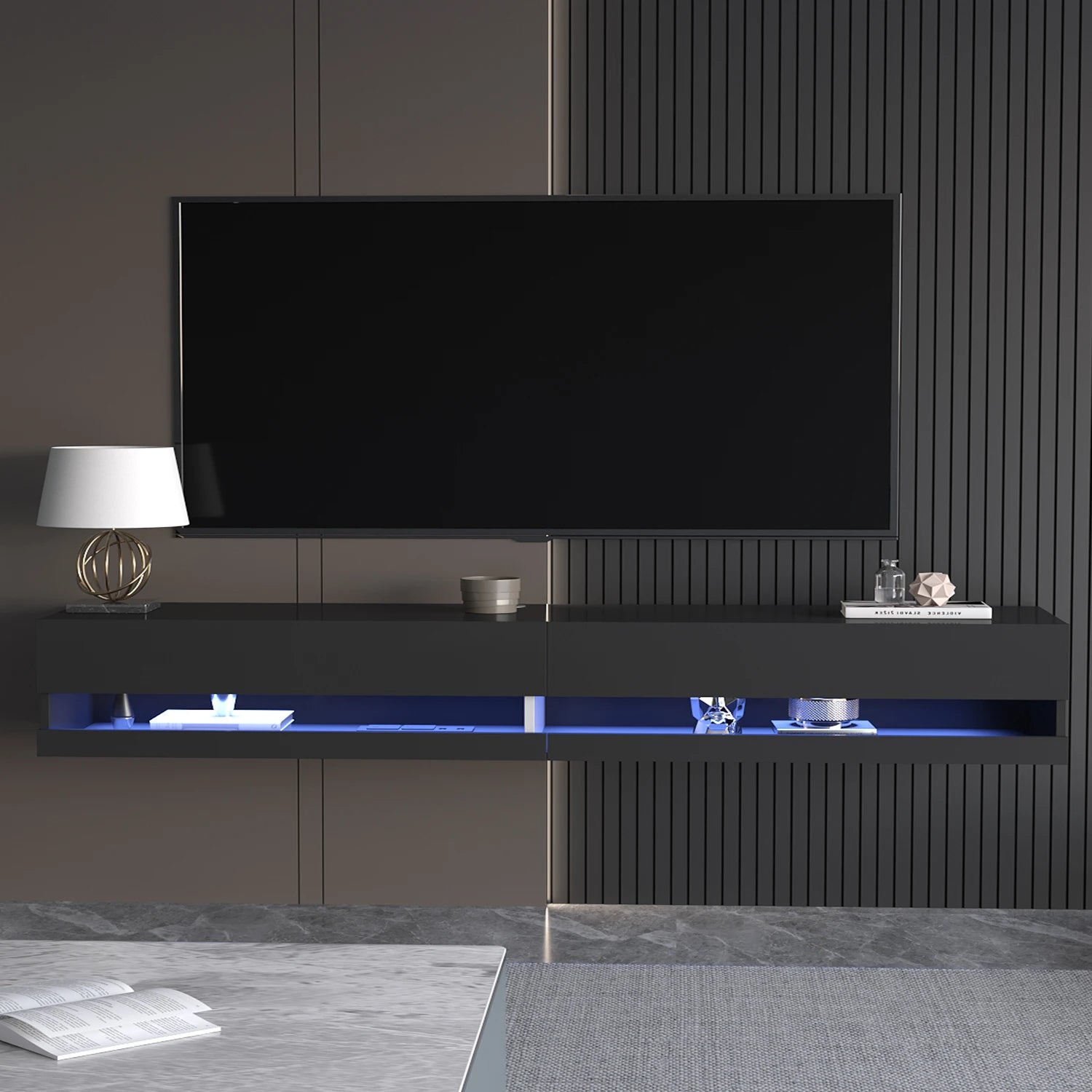 71’’ floating tv stand for 75/80’’ wall mounted led w/power outlets modern high gloss media console white/black