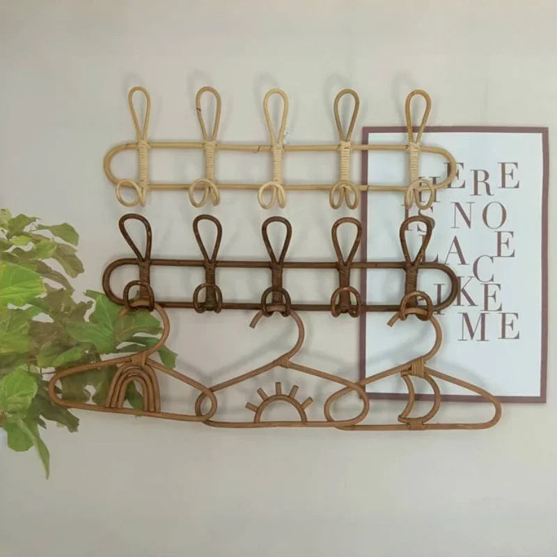 Rattan hanger wall hooks kids garments organizer rack clothes hat hanging hook room clothing storage decor hangers