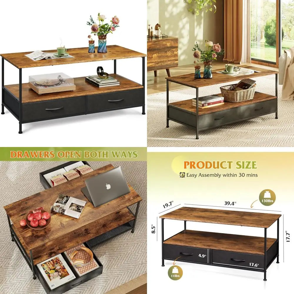 Two-tier wooden storage coffee table with drawers for living room and bedroom - united states / rustic brown