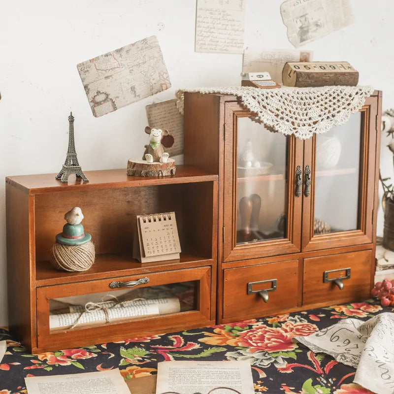 Retro wooden desk storage box multi-layer doll figure display stand desktop drawer type cosmetic jewelry decoration