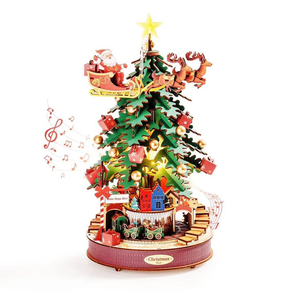 Robotime rolife christmas melody tree music boxes 3d wooden puzzle with light perfect gifts for family easy assemble